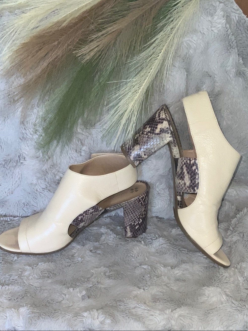 Naturalizer Cream Peep-Toe Block Heels with Snake-Print Accent